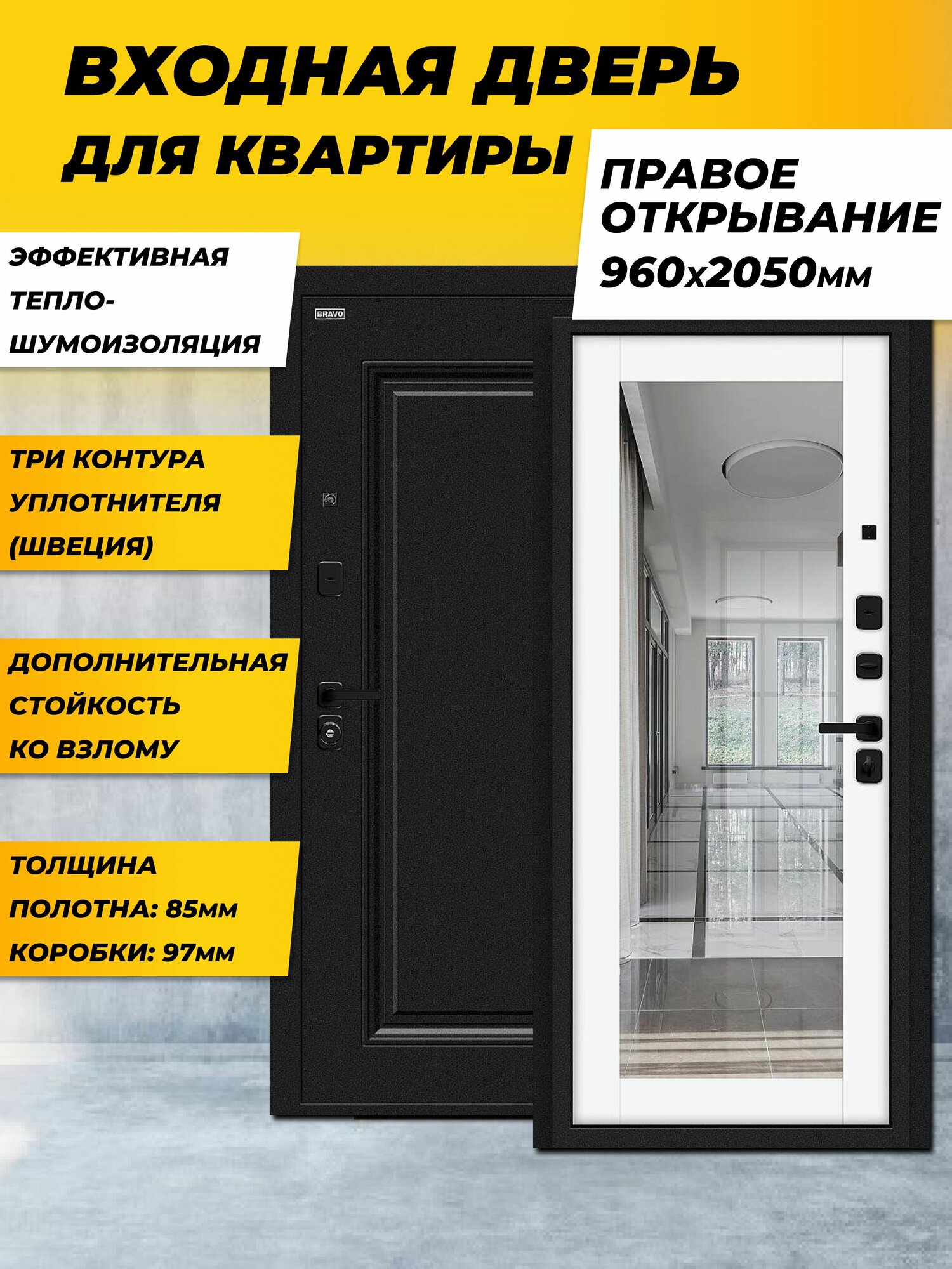 Входная дверь металлическая для квартиры с зеркалом Флэш МФ/SBlack Букле черное/White Silk правая 2050*960