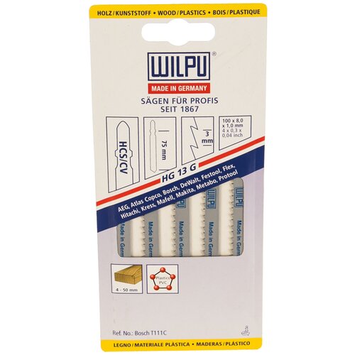 Пилка по дереву HG 13 G (5 шт: 100х7.8х1.27 мм: 75 мм: 8.5 TPI: HCS/CV) WILPU 229000005 15598244