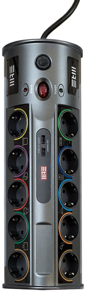 Сетевой фильтр на 10 розеток STM, 2 USB, защита от короткого замыкания, 3680 Вт. PS101-NTU