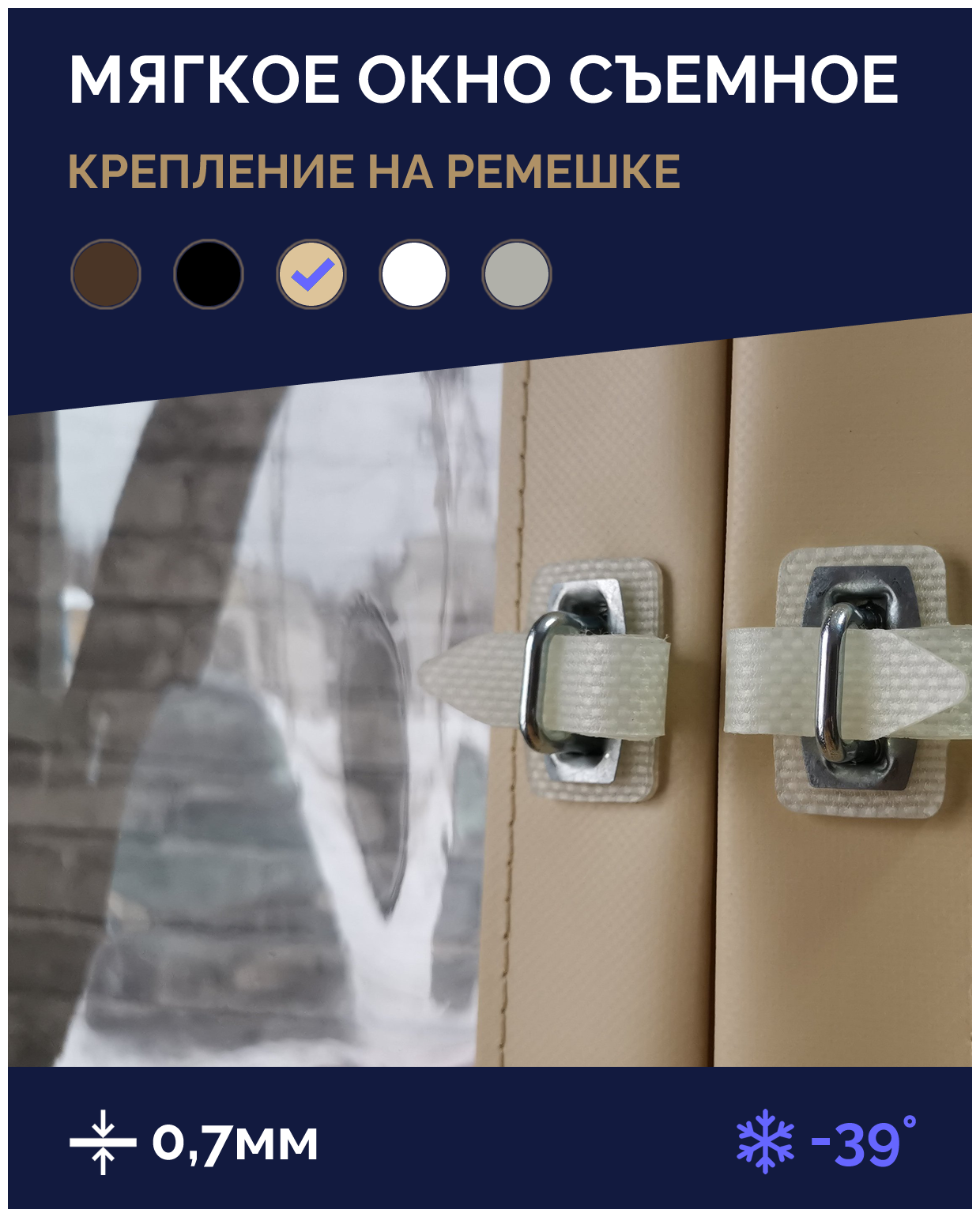 Мягкое окно Софтокна 170х170 см съемное, Скоба-ремешок, Прозрачная пленка 0,7мм, Бежевая окантовка, Комплект для установки - фотография № 2