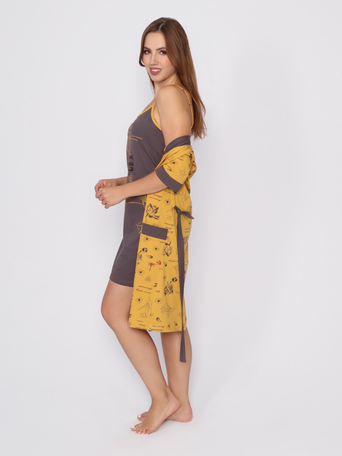 Комплект женский "цветок" сорочка+халат модель КЖ 0236 кулирка горчица, 46 - фотография № 7
