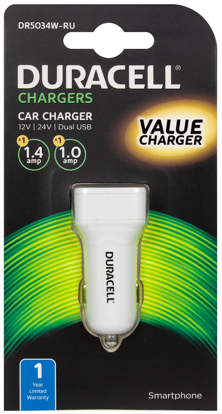 АЗУ, 2USB, 2.4А, Fast charger, белый, DR5034W- RU, Duracell