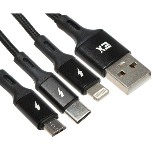 Кабель 3 в 1 Exployd EX-K-1417, USB - microUSB/Lightning/Type-C, 2.4 А, 1.2м, нейлон, черный кабель exployd ex k 1236 type c pd lightning 3 а 1 м нейлон черный