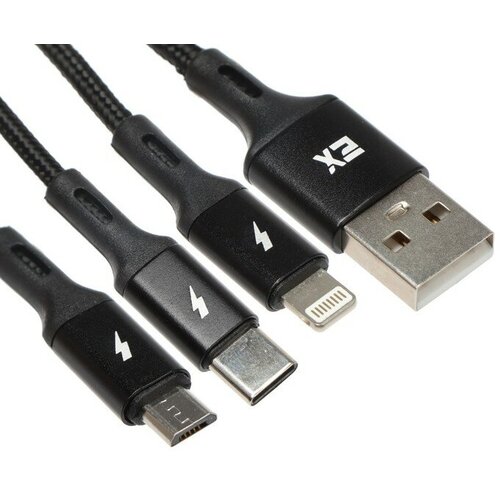 Кабель 3 в 1 Exployd EX-K-1417, USB - microUSB/Lightning/Type-C, 2.4 А, 1.2м, нейлон, черный кабель exployd ex k 1238 lightning type c 3 а 1 м быстрая зарядка нейлон черный