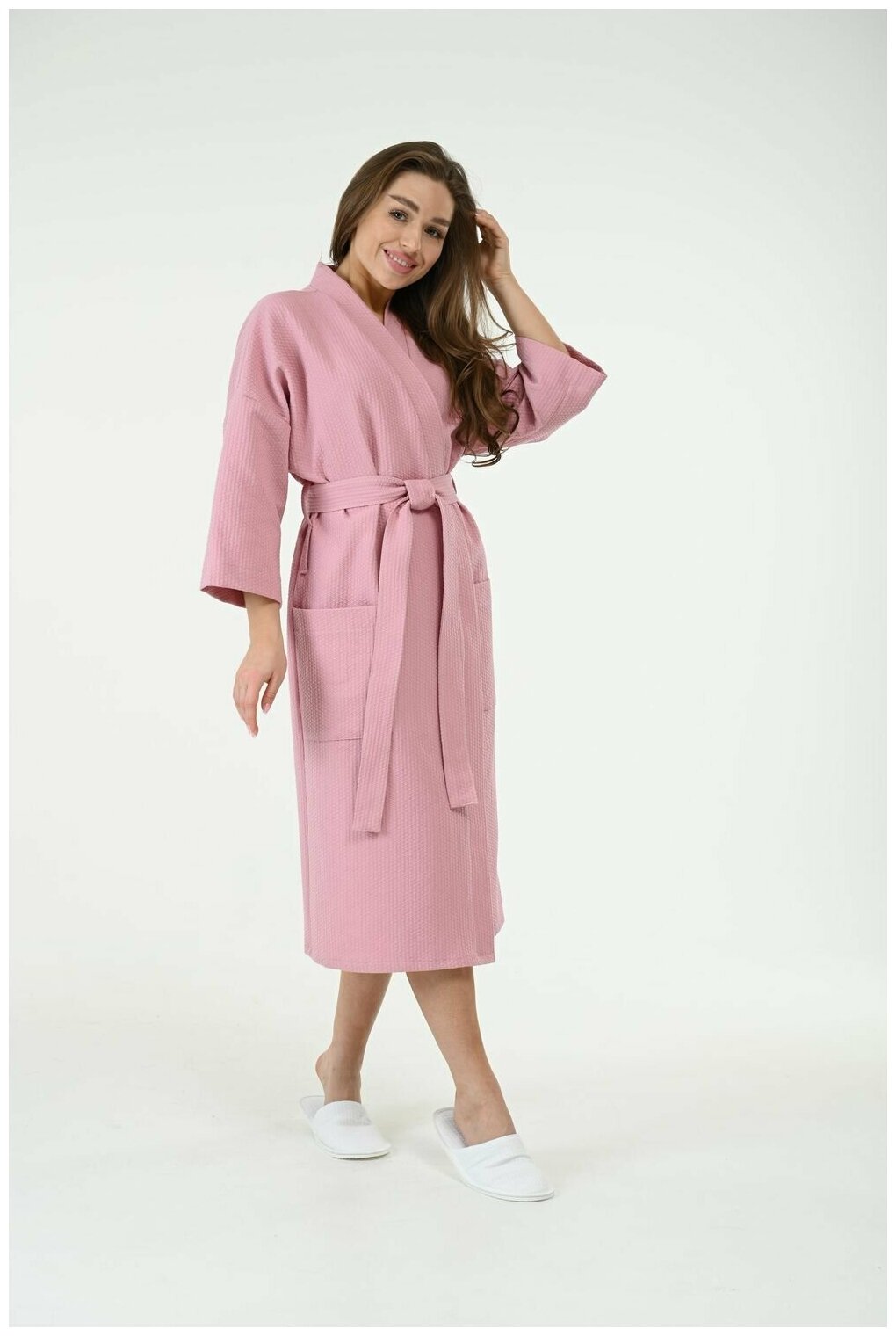 Вафельный халат Кимоно унисекс "Ромбы", пудрово-розовый. Размер 50-52 - фотография № 1