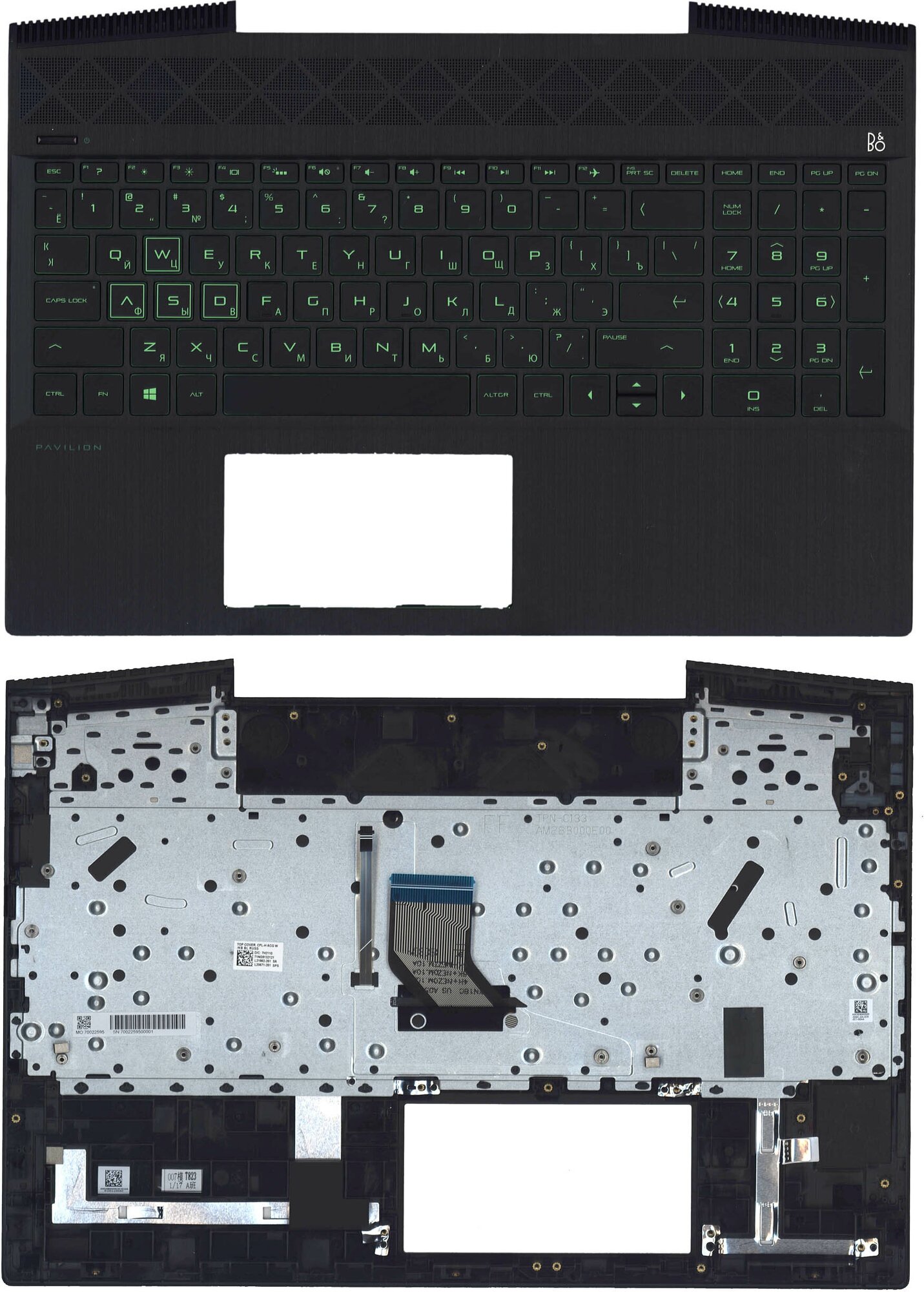 Клавиатура (keyboard) для ноутбука HP Pavilion Gaming 15-CX, топкейс зеленая подсветка