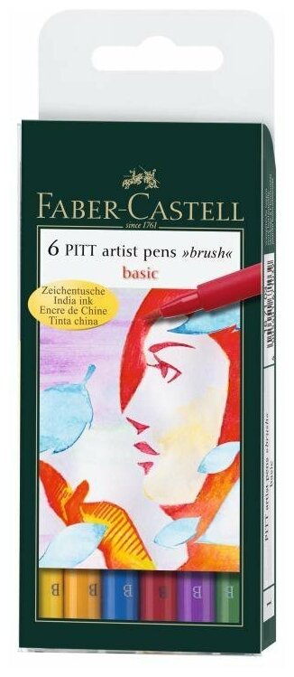 Faber-Castell набор капиллярных ручек Pitt Artist Pens brush Basic 6 цветов (167103), 6 шт.