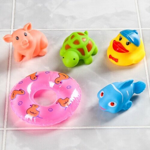 Набор игрушек для игры в ванне «Зверята с кругом», с пищалкой, 5 шт, виды микс
