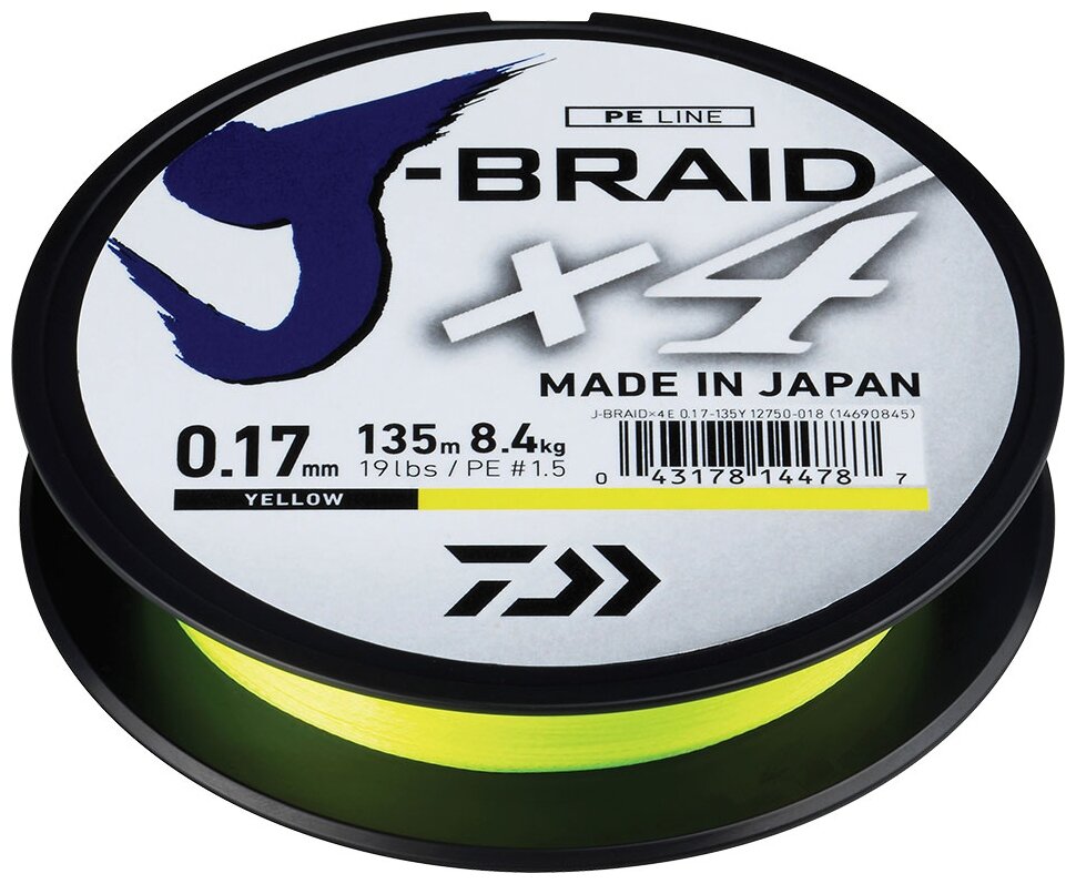 Шнур Daiwa J-braid X4 135м. 0.17мм. YELLOW