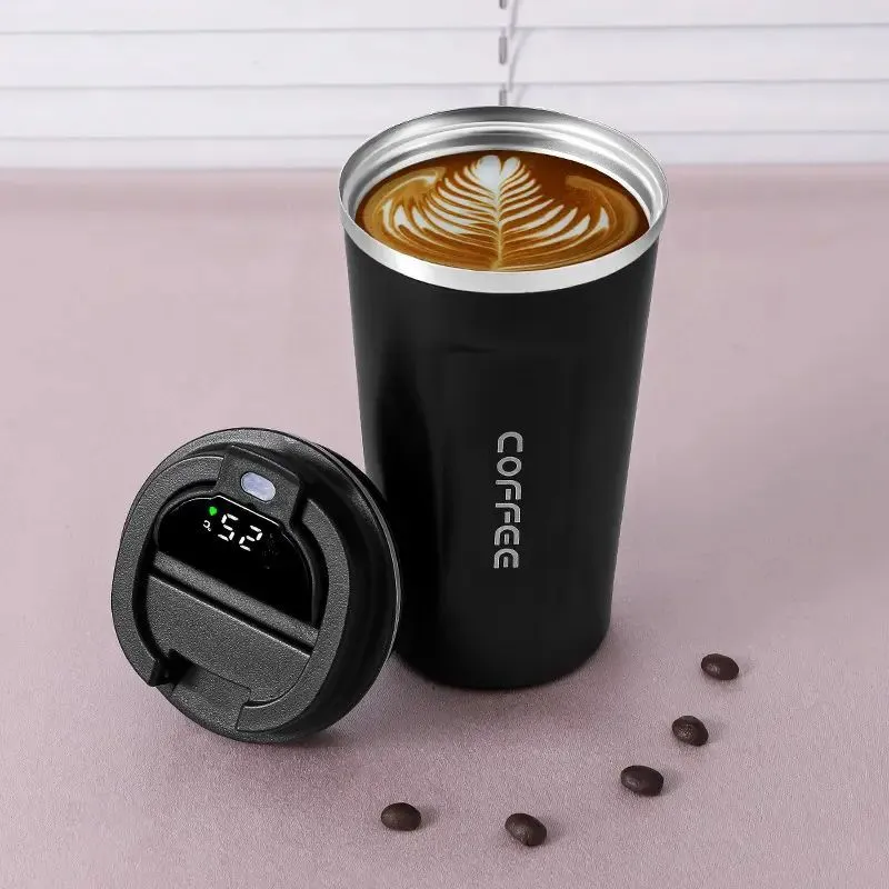 Термокружка для кофе и чая с датчиком температуры, 380 мл, черный - фотография № 1