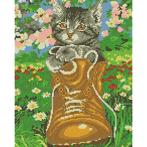Вышивка бисером картины Котёнок в ботинке 24*30см