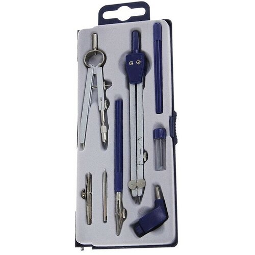 Готовальня 8 предметов 2 циркуля 150 мм 105 мм 2 удлинителя грифель 2 рейсфедера центрик держатель для карандаша в пластиковом пенале 689₽