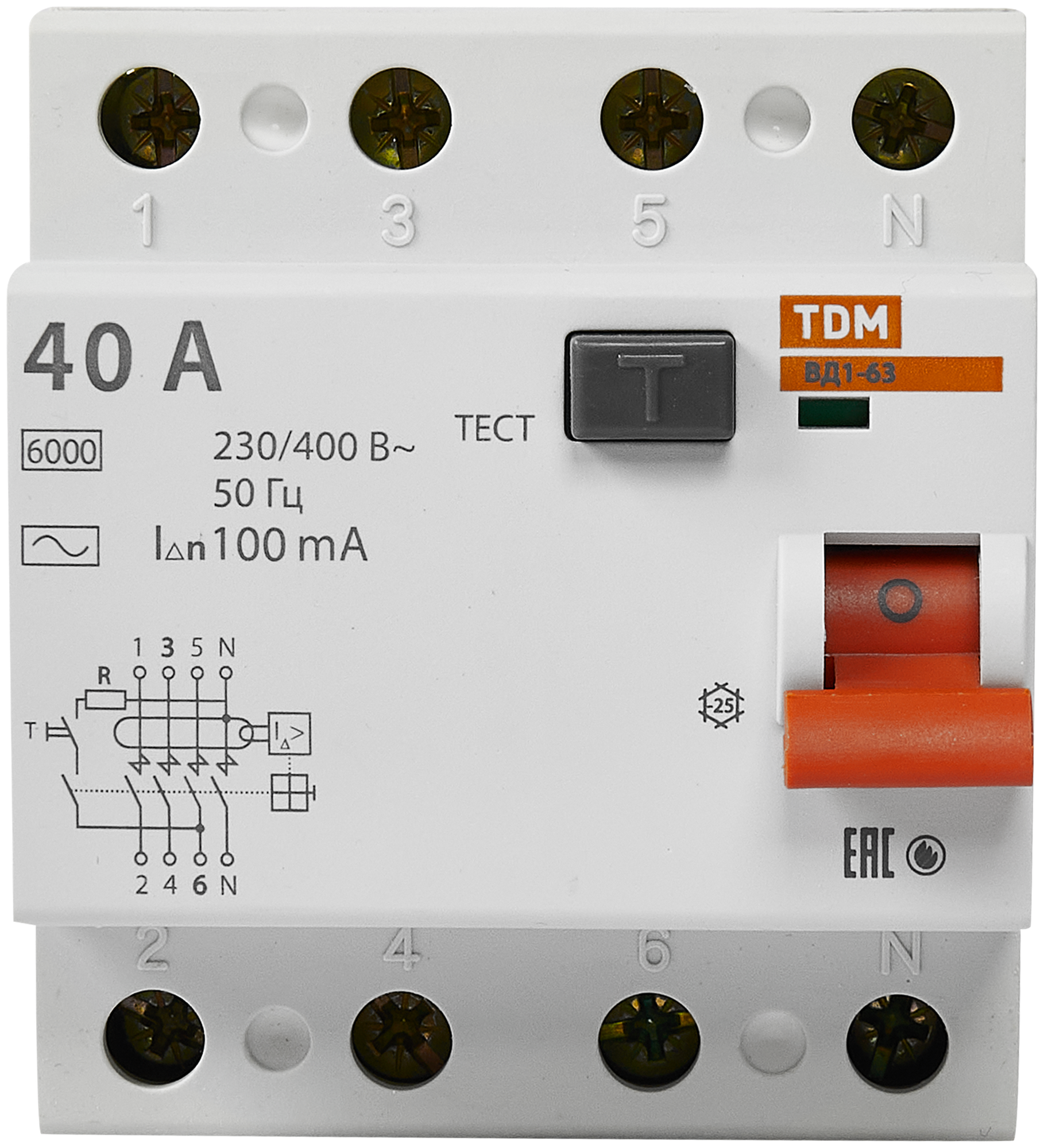 Устройство защитного отключения УЗО ВД1-63 4Р 40А 100мА TDM SQ0203-0036 - фотография № 2