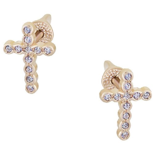 Серьги пусеты Крымский ювелирный завод, красное золото, 585 проба, фианит, золотой, красный