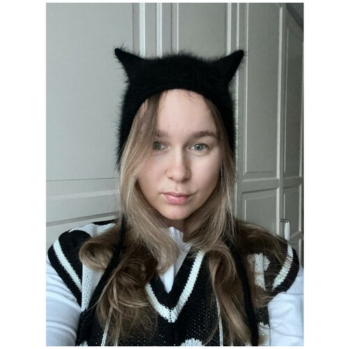 чепчик с рожками ушками кошки вязанный взрослый для девушки 2 размера