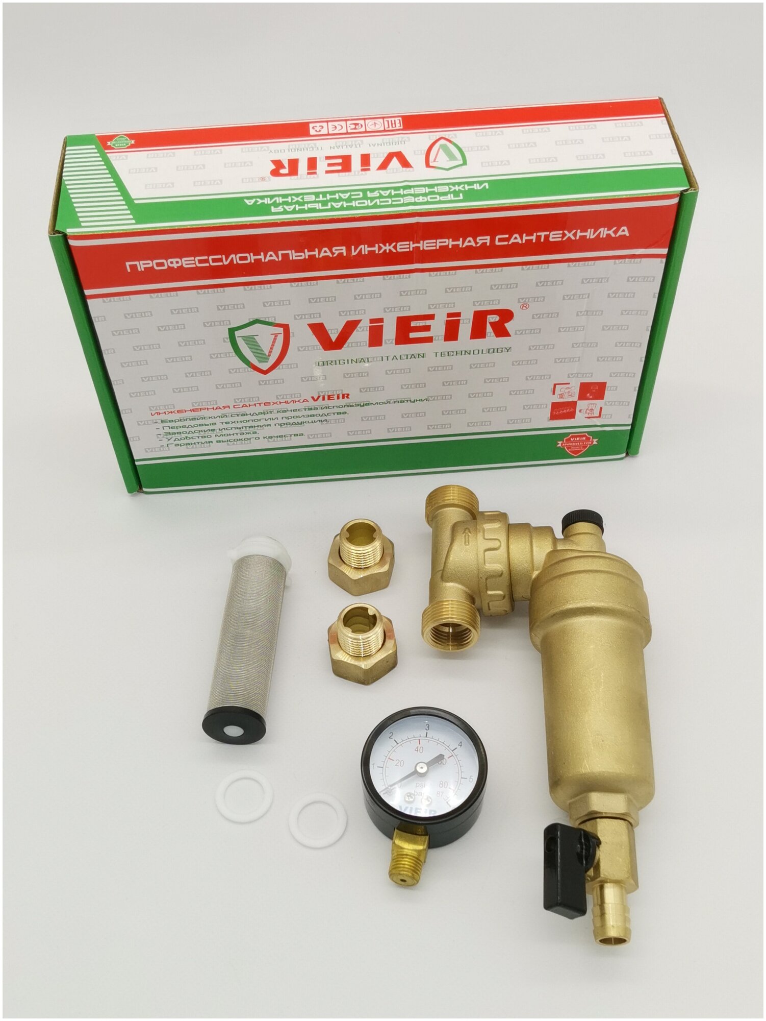 Фильтр самопромывной свободного вращения 1/2" с манометром для горячей воды ViEiR арт. JH147