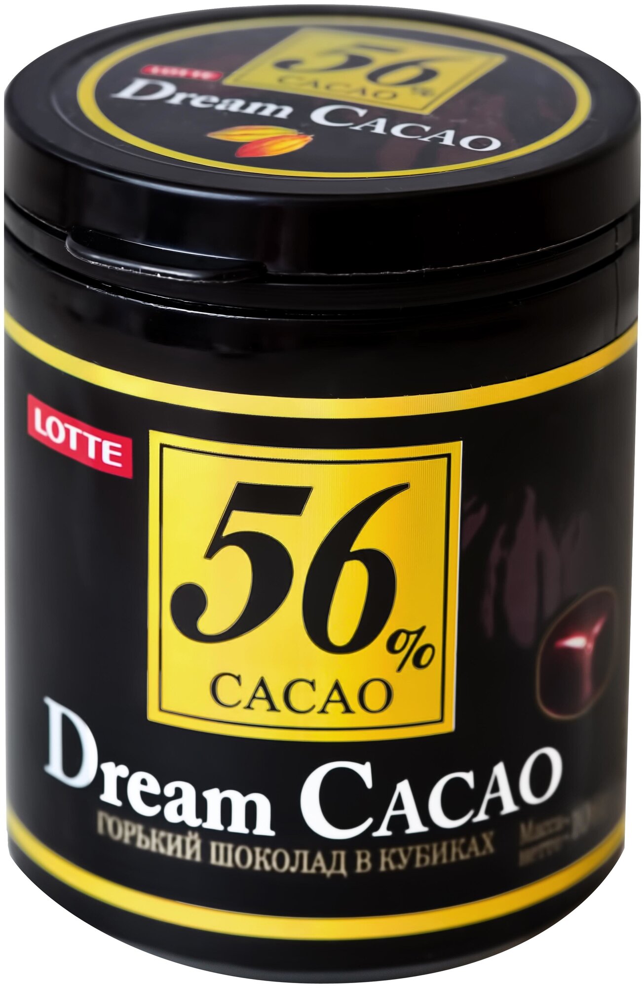 Шоколад LOTTE "Dream Cacao", горький (какао 56%), в кубиках, в пластиковой банке, 106 г - фотография № 1