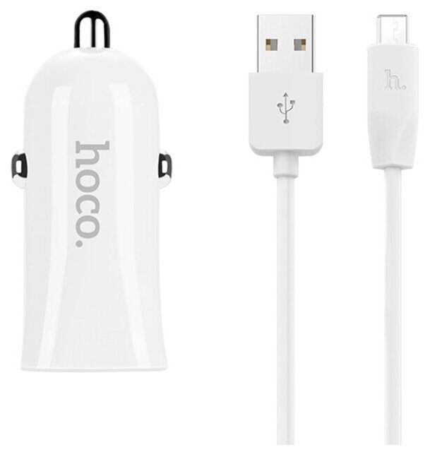 Автомобильная зарядка Hoco Z12 Elite + кабель microUSB, белый