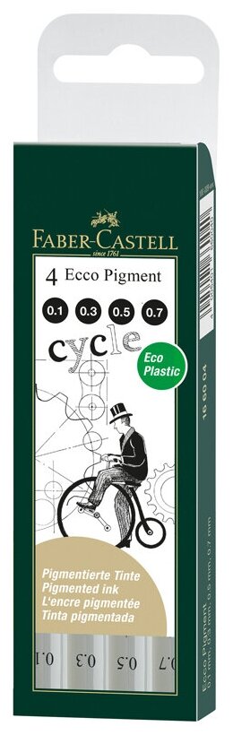 Набор капиллярных ручек Ecco Pigment, ширина линии 0,1 мм, 0,3 мм, 0,5 мм, 0,7 мм, цвет черный, Faber Castell