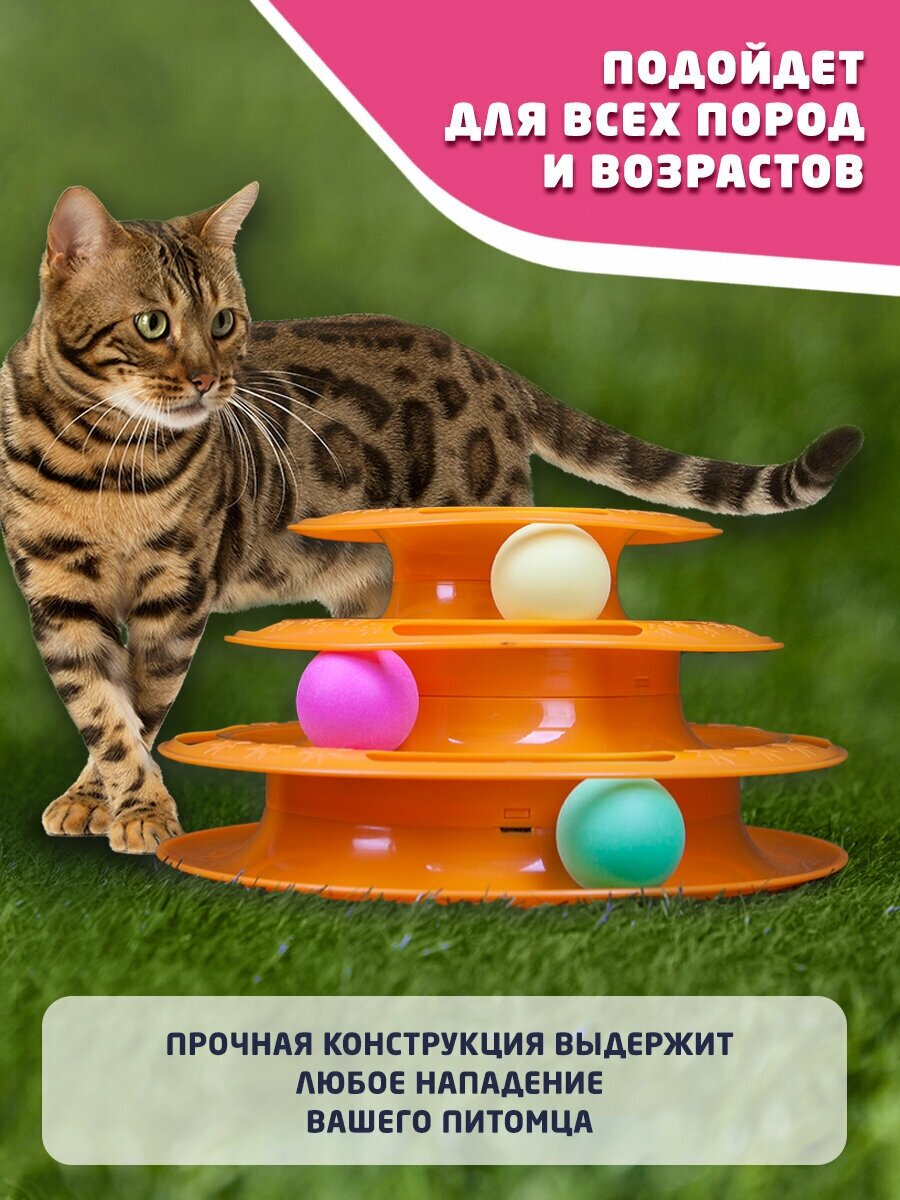 Интерактивная развивающая игрушка "пирамидка" для кошек/котов/котят трехъярусная "Пирамидка" с шариками - фотография № 4