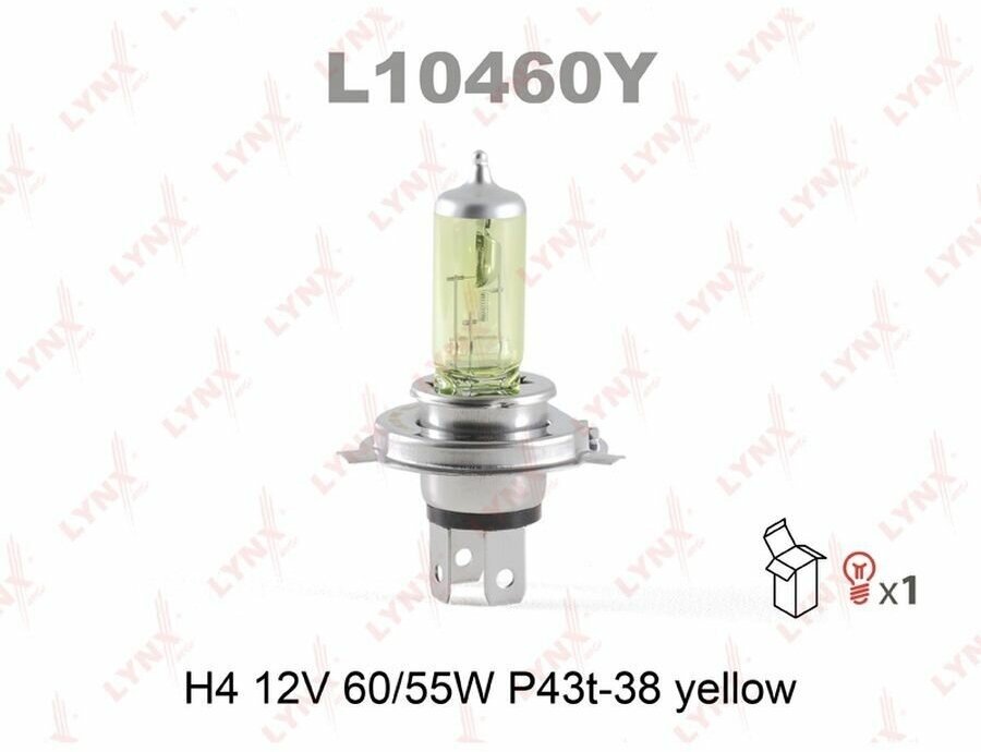 Лампа автомобильная 12V H4 60/55W P43t LYNXauto Yellow 1 шт. блистер L10460Y