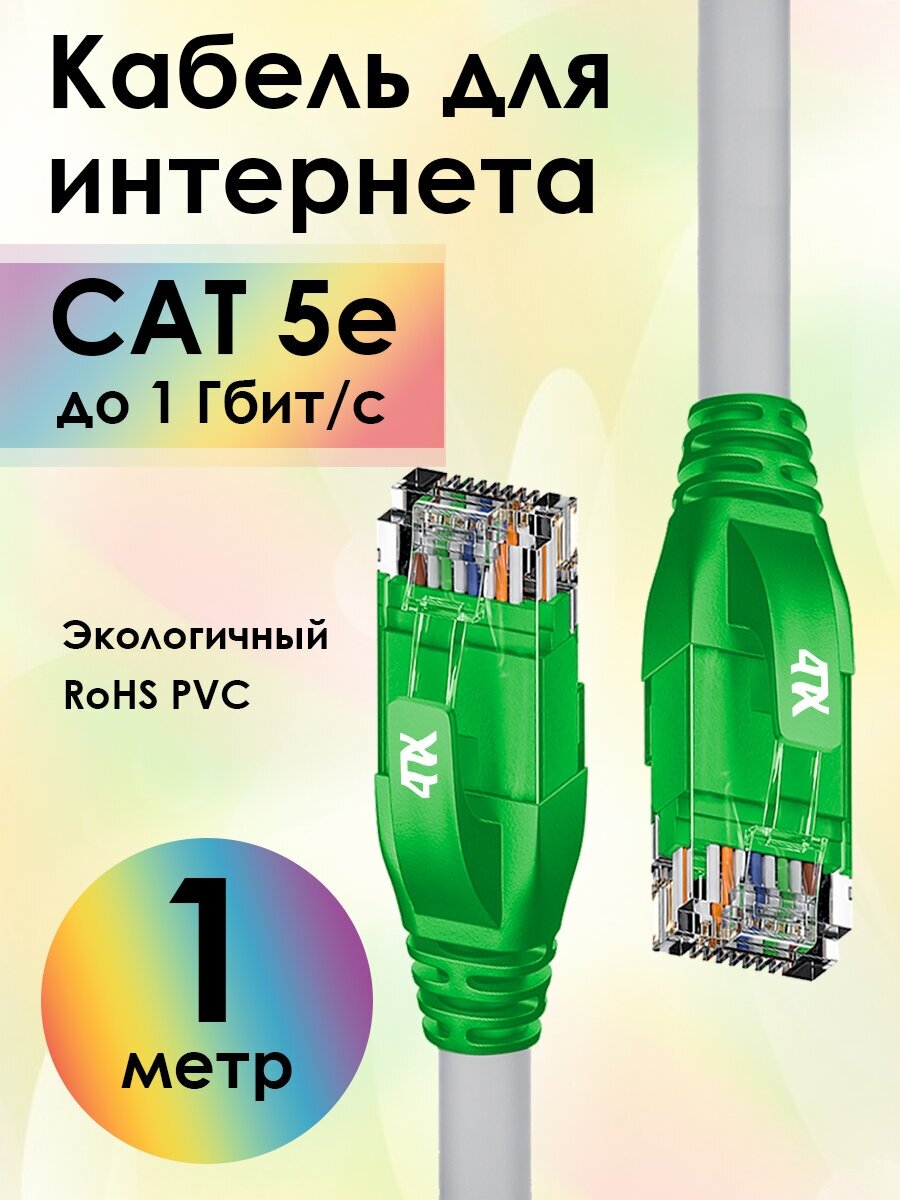 Патч-корд UTP LAN компьютерный кабель для подключения интернета cat 5e RJ45 1Гбит/c (4PH-LNC5000) серый; зеленый 1.0м