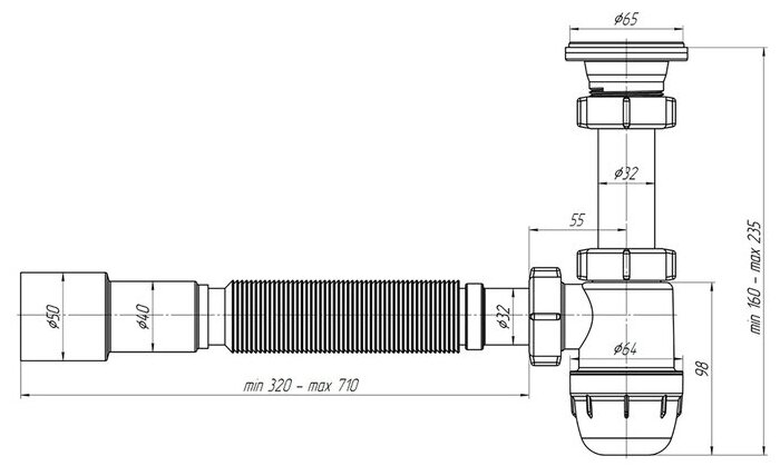 Сифон АНИ пласт Юнг ВМ1016 1 1/4" х 32 c гибкой трубой 32 х 40/50 - фотография № 3