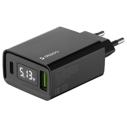 Зарядное устройство сетевое Deppa Ultra 3.4A, USB A QC 3.0 + USB Type-C PD, Черный (11395)