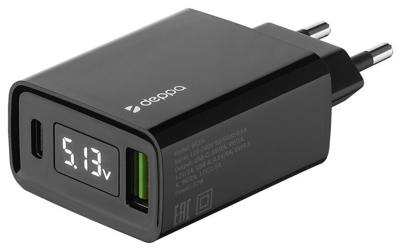 Сетевое ЗУ Deppa Wall Charger USB-A + USB-C, QC 3.0, PD, дисплей, 30 Вт