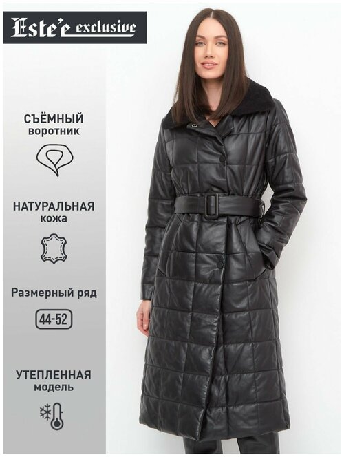 Кожаная куртка  Estee exclusive Fur&Leather демисезонная, удлиненная, силуэт полуприлегающий, утепленная, размер 2XL, черный