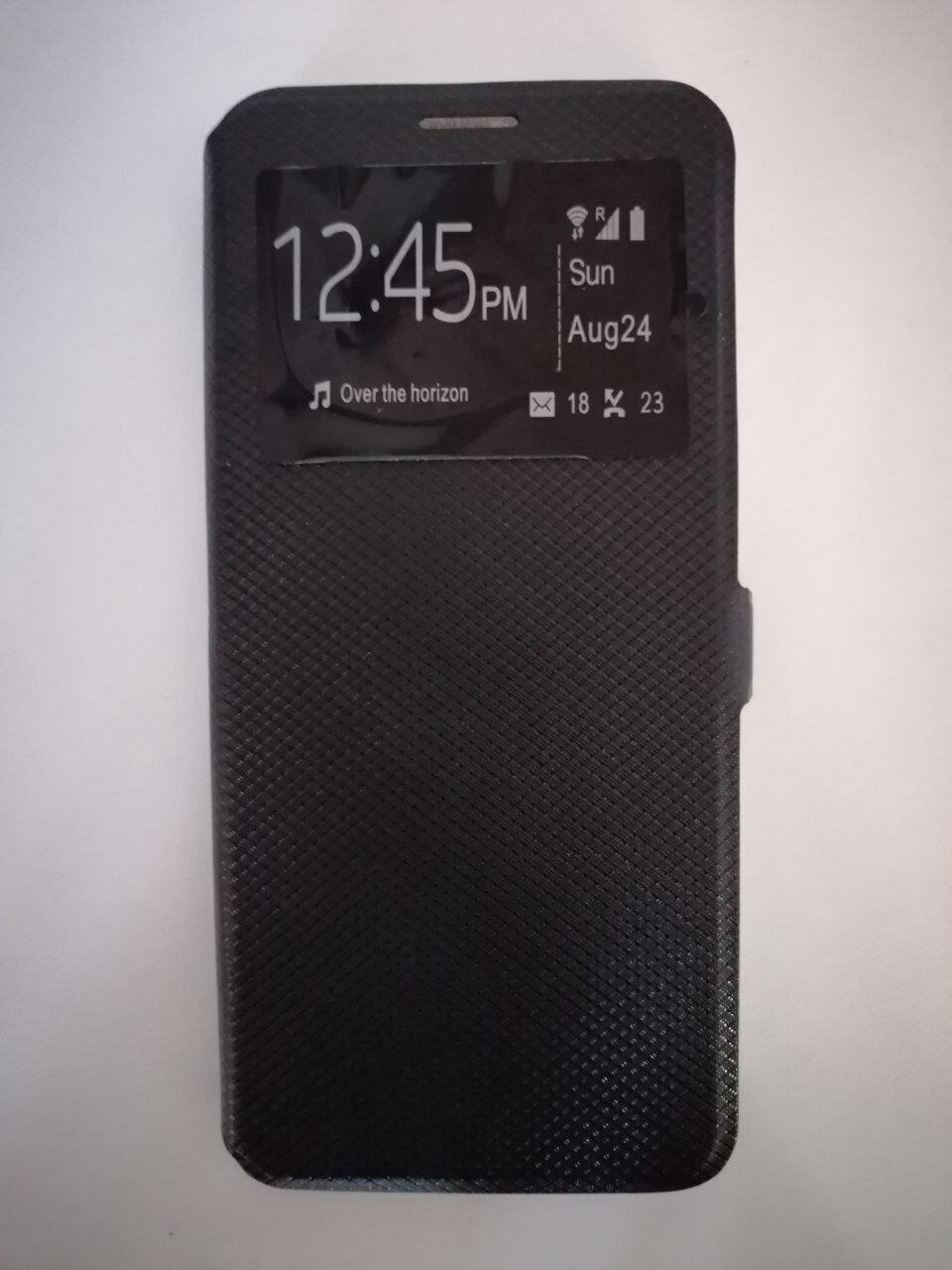 Чехол-книжка черный для Samsung Galaxy A50 с окошком для просмотра уведомлений, магнитной застежкой и подставкой.