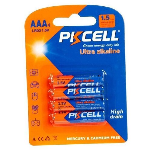 элементы питания pkcell lr03 12 lr6 8 Элемент питания (щелочно/алкали) PKCELL, 1,5 В, мезинчиковая, AAA LR03-4B, 4 шт