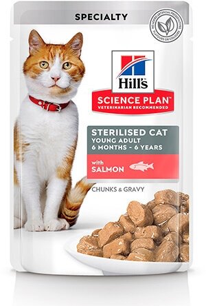 Паучи Хиллс для Стерилизованных котов и кошек от 6 месяцев до 6 лет Лосось (цена за упаковку) 85г х 12шт