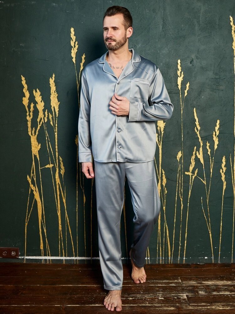 Пижама мужская из шелка с брюками и рубашкой как у Бо, цвет серый, размер 48 - фотография № 3