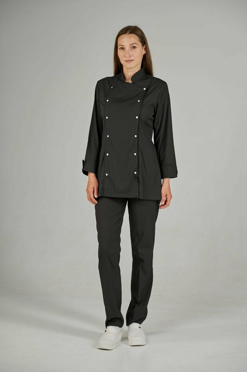 Китель и брюки для повара, женский костюм стрейч, черный, Сizgimedikal Uniforma, с перламутровыми кнопками, Турция
