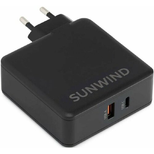 Сетевое зарядное устройство, SunWind, блок для зарядки, USB + USB type-C, 65Вт, 3.25A, черного цвета