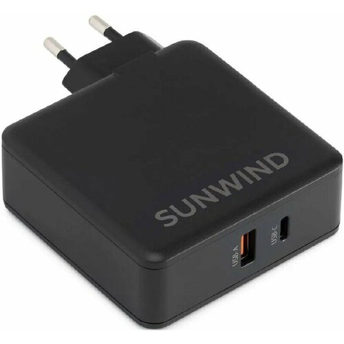 Сетевое зарядное устройство, SunWind, блок для зарядки, USB + USB type C, 65Вт, 3.25A, черного цвета