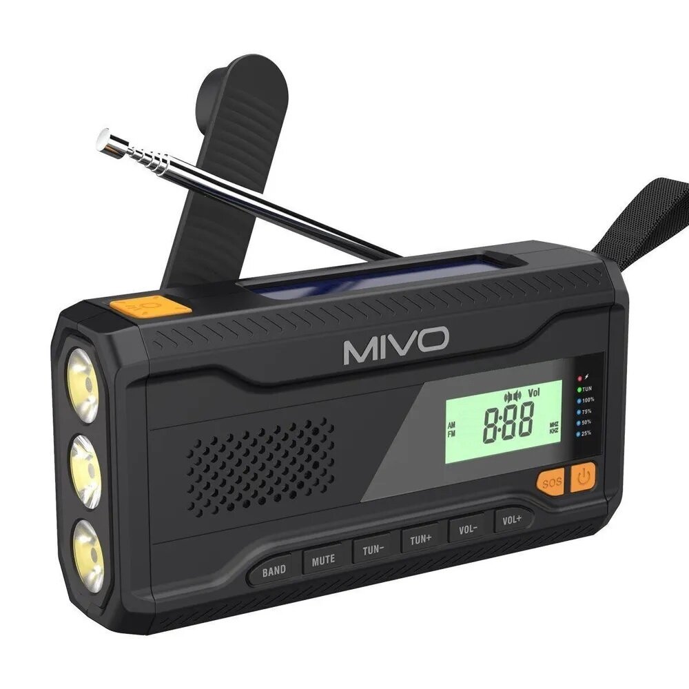 Радиоприемник с солнечной панелью power bank динамо-машина фонарь Mivo MR-001 черный