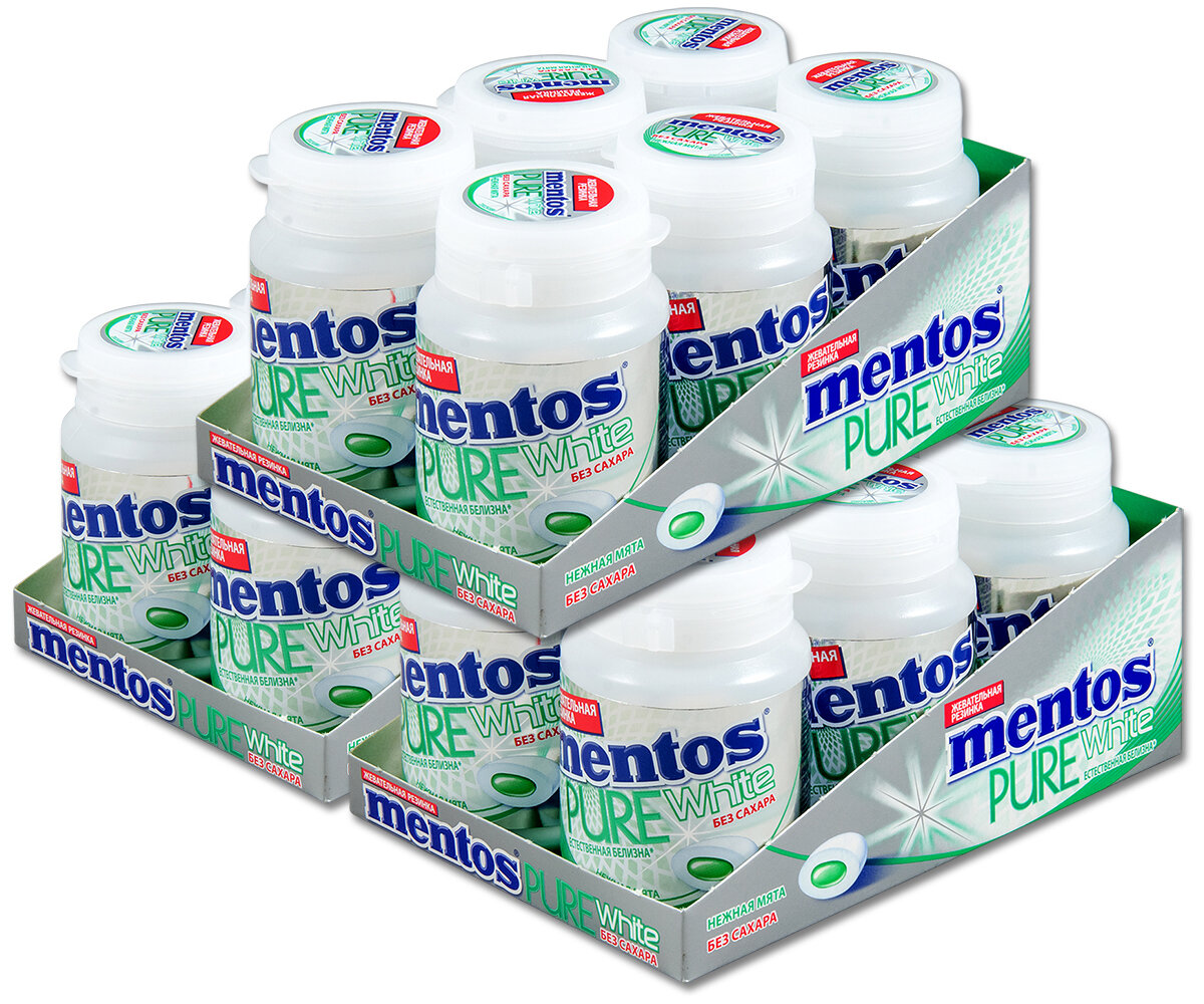 Жевательная резинка Mentos Pure White Нежная мята, без сахара, в банке, 54 г, 18 шт.