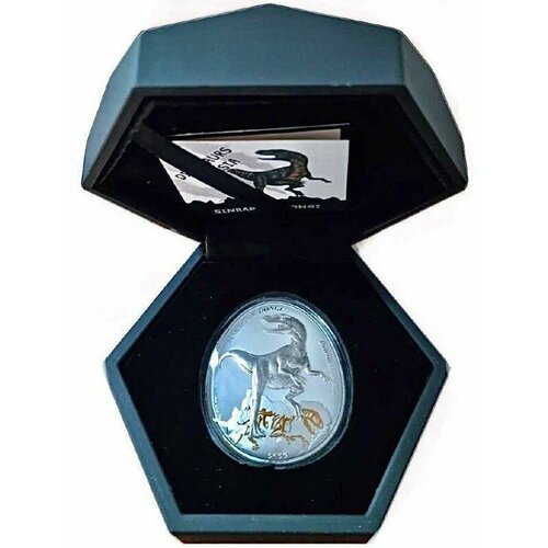 Серебряная монета 999 пробы (31.1 г.) 2 доллара Динозавры в Азии - Синраптор в капсуле и футляре. Самоа 2023 Proof