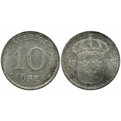 (1909) Монета Швеция 1909 год 10 эре Серебро Ag 400 XF монета 10 эре 1982 г