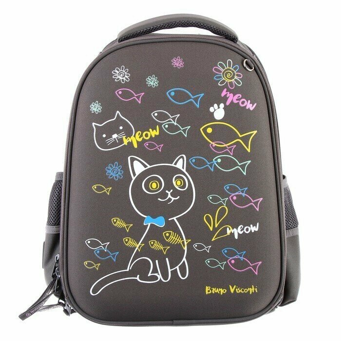 Рюкзак школьный 30х38х20см Ученый кот, темно-серый, 2 отделения