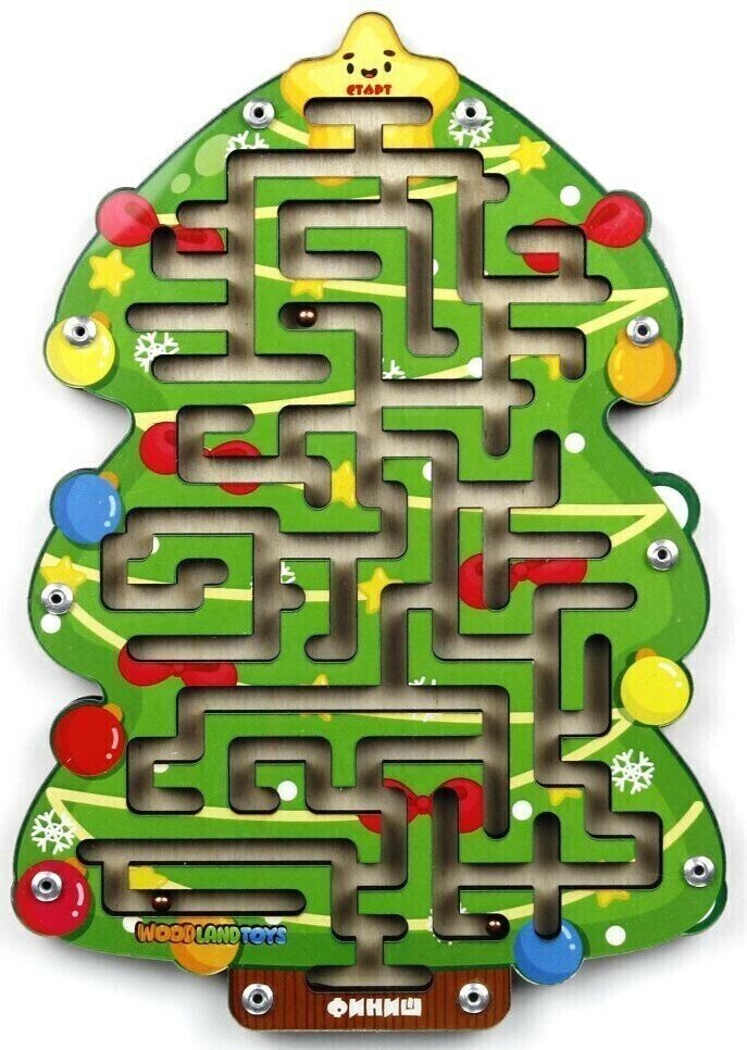 Развивающая игра-головоломка Новогодний лабиринт с шариками "Ёлка", деревянный