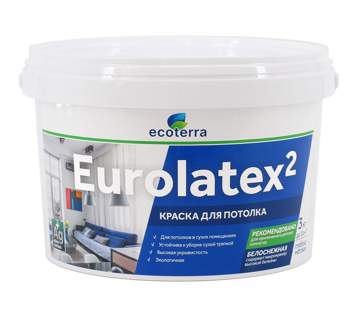 Краска Ecoterra Eurolatex 2 ВД-АК 2180 для потолков, белоснежная, 3кг