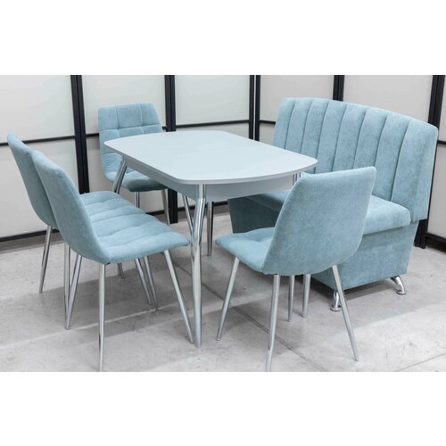 Обеденная группа Альт-5 Кватро, стол серый матовое стекло, 110(140)х70 см, обивка дивана антивандальная, моющаяся, антикоготь, цвет ментол.