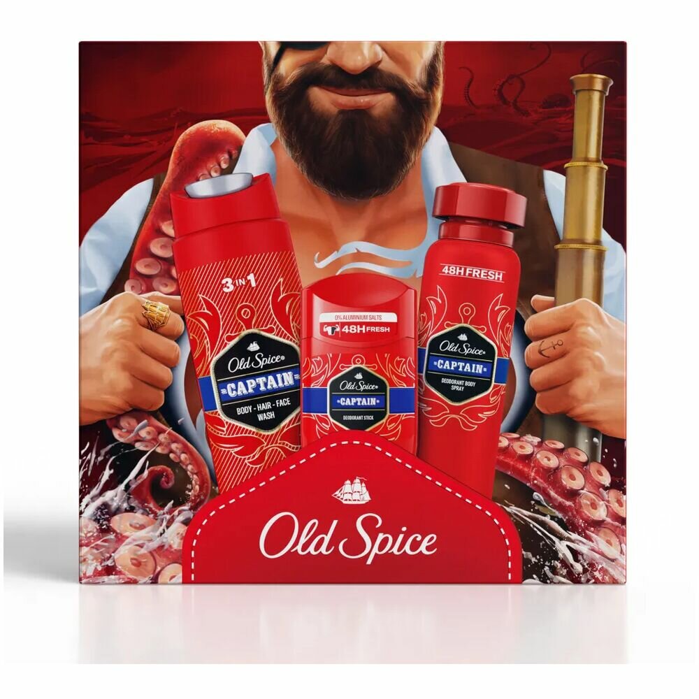 Old Spice Подарочный набор "Captain" (Гель для душа 3в1, 250 мл. + Дезодорант-спрей, 150 мл. + Дезодорант-стик, 50 мл.)