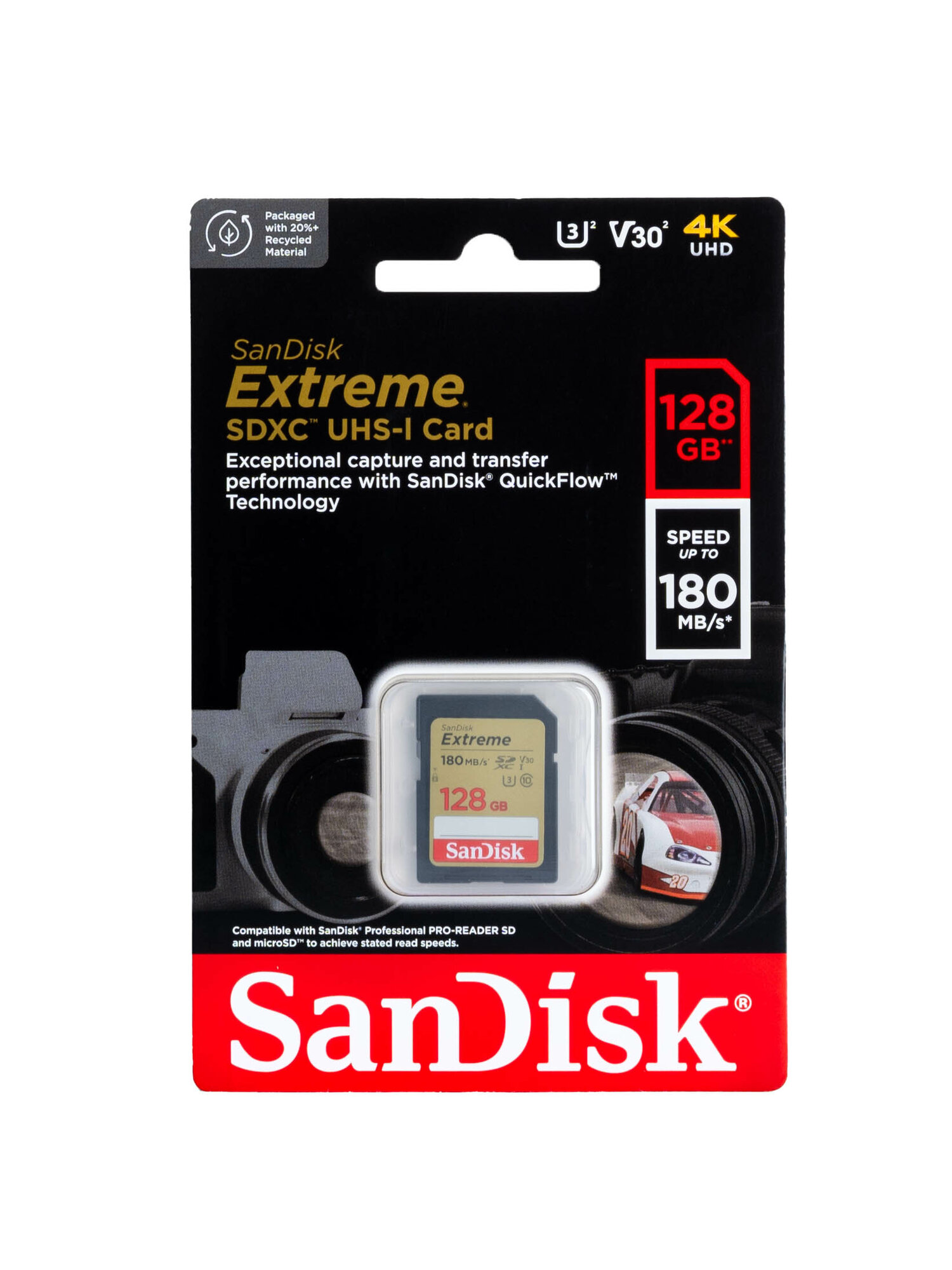 Карта памяти SanDisk Extreme SDXC 128 ГБ Class 10 UHS-I U3 V30 (R/W 180/90 Mb/s)