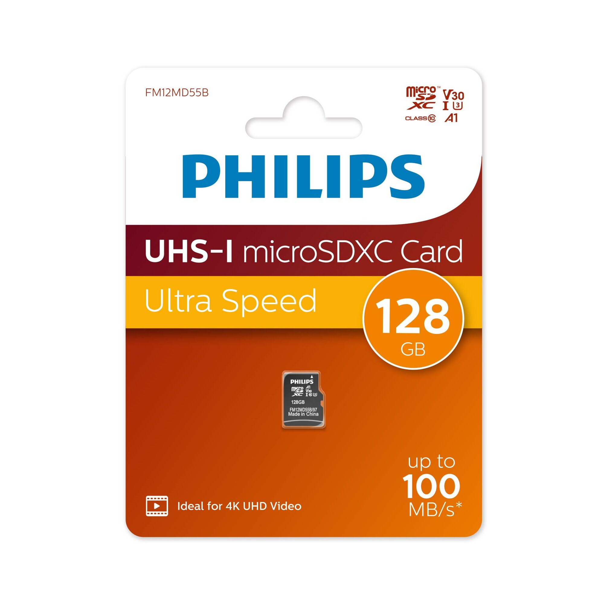 Флеш карта microSD 128GB PHILIPS High Speed microSDHC Class UHS-I U3, V30, A1, 100MB/s