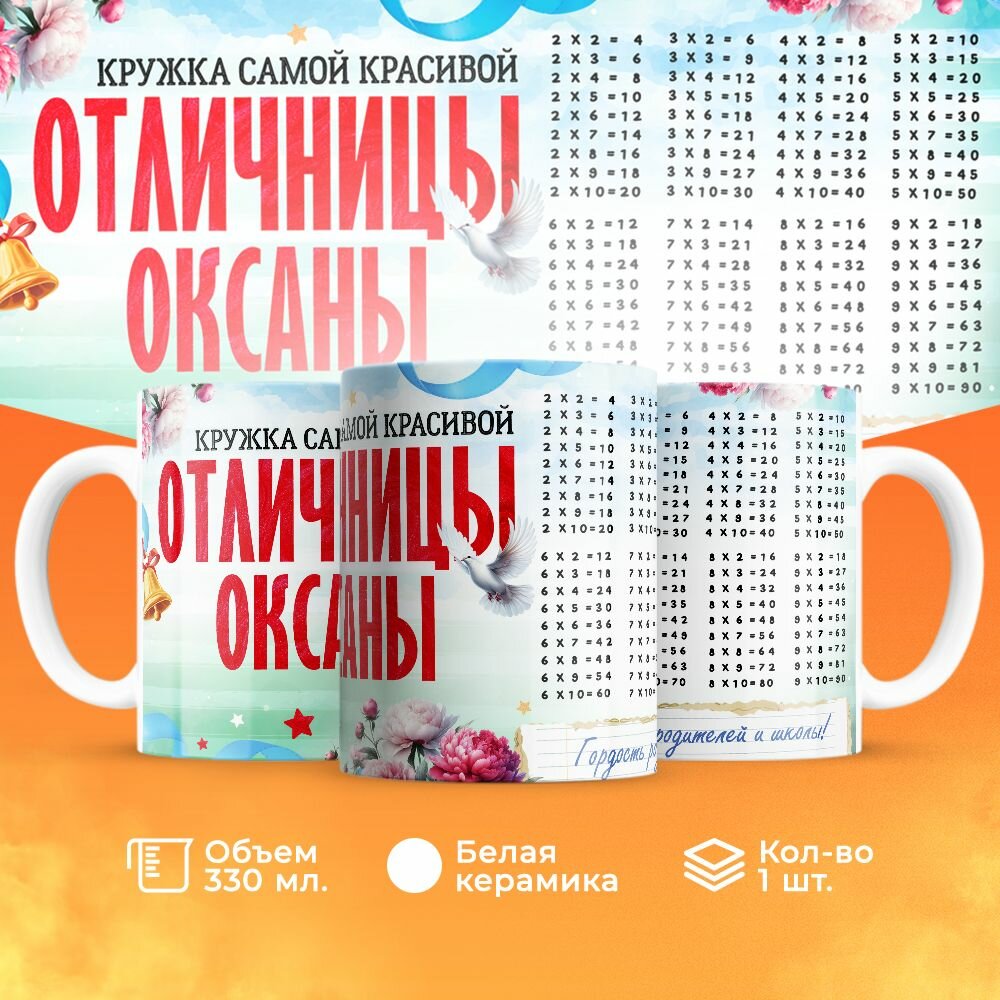 Кружка, "Самой красивой отличницы Оксаны", на день рождения дочки, в подарок для девочки, внучки с таблицей умножения 330 мл