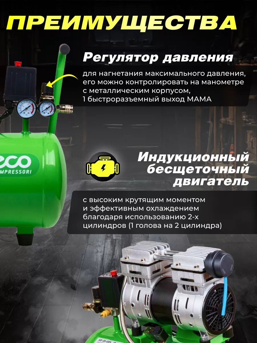 Компрессор воздушный безмасляный ECO AE-25-OF1 (140 л/мин, 8 атм, коаксиальный, ресивер 24 л, 220 В, 0,8 кВт) — фото 1